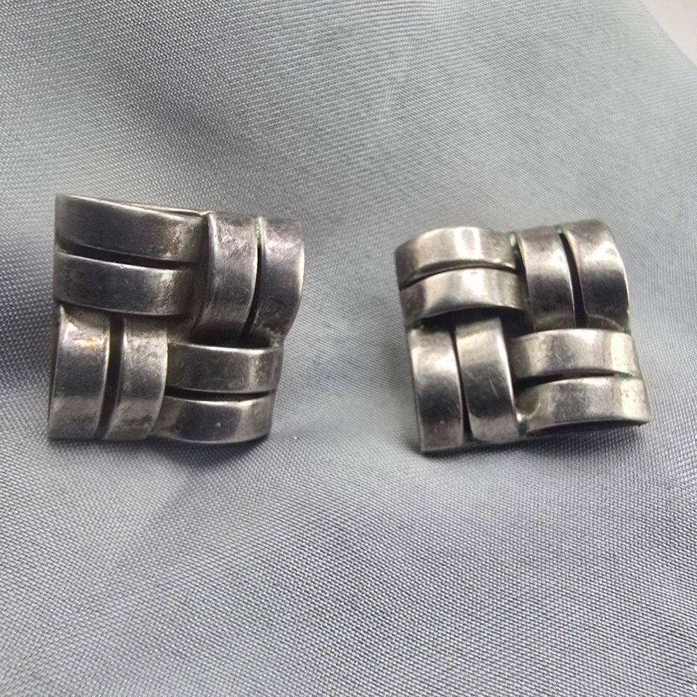 Vintage Mexican Sterling Silver Earrings Basketweave Square